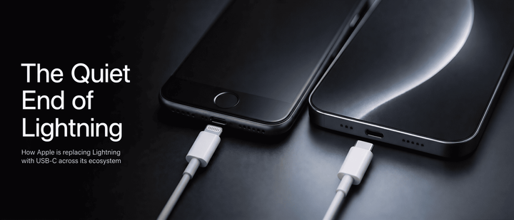 Two smartphones side-by-side, one charging with a Lightning cable and the other with a USB-C cable, highlighting Apple's transition to USB-C.