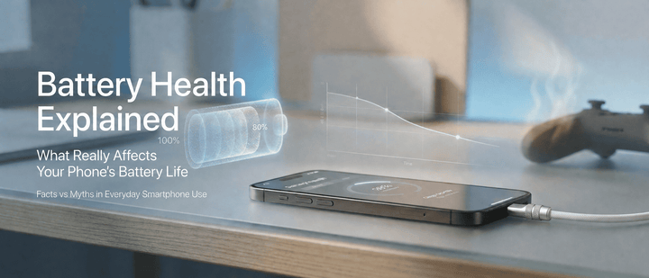 A desktop scene featuring a smartphone charging, titled 'Battery Health Explained: What Really Affects Your Phone's Battery Life,' with a graph showing battery capacity over time.