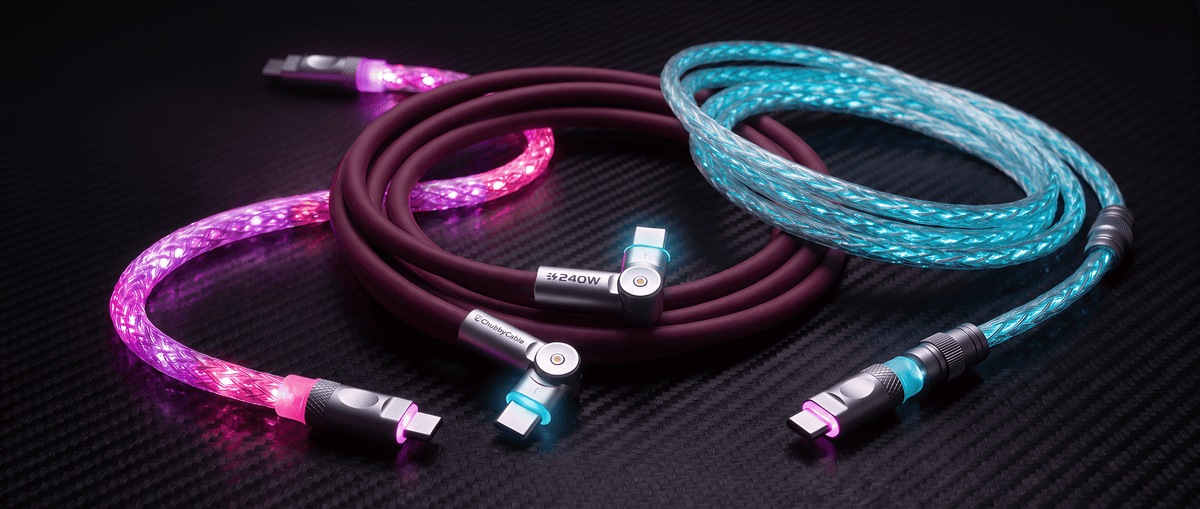 Three ChubbyCable glowing charging cables with pink, red, and teal LED lights on dark background