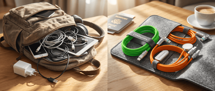 Side-by-side comparison of a messy backpack filled with tangled cables and a neatly organized travel cable organizer.