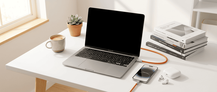 A clean, bright student desk setup with an open MacBook Pro, an orange charging cable, a stack of textbooks, a coffee mug, and a potted plant.