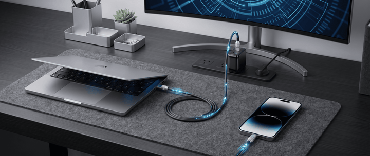 USB-C charger powering a laptop and smartphone on a clean desk setup with glowing power flow visualization.