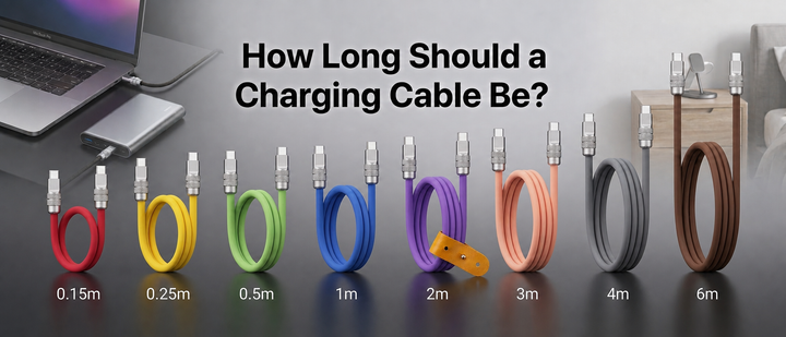 A display of various colored charging cables in lengths ranging from 0.15m to 6m, titled "How Long Should a Charging Cable Be?"