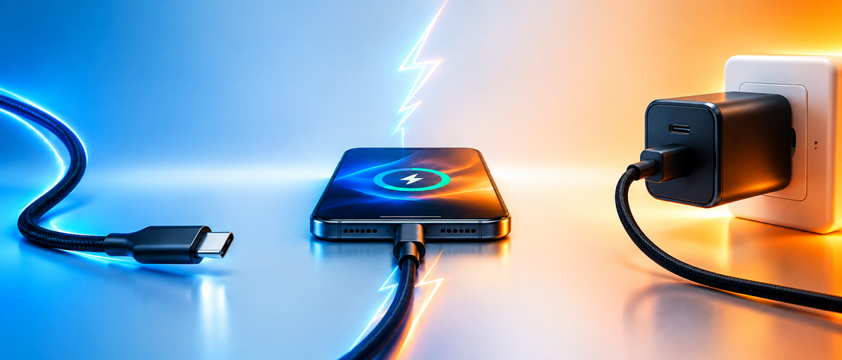 USB-C cable and GaN charger powering a smartphone side by side