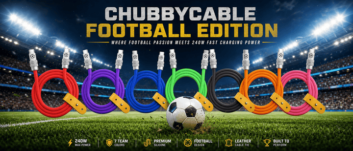 A collection of seven vibrant, football-themed 240W fast-charging cables displayed against the backdrop of a professional soccer stadium.