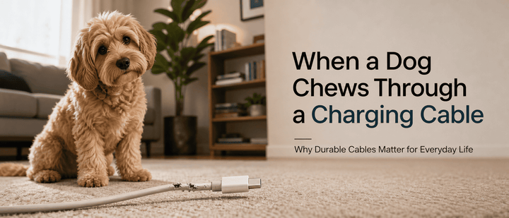 A fluffy dog sits on a rug next to a chewed charging cable.