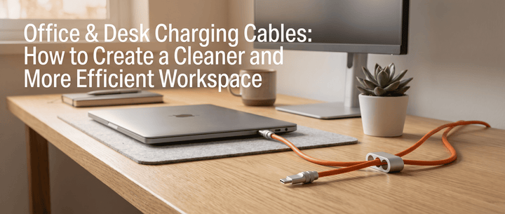 A clean office desk with a laptop, monitor, and neatly organized orange charging cables.
