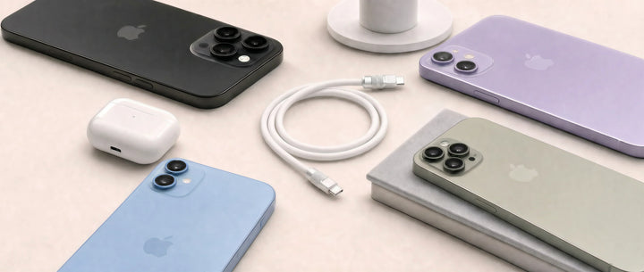 A collection of various Apple iPhones, AirPods, and a USB-C charging cable arranged on a light-colored surface.