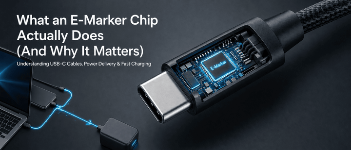 A cutaway view of a USB-C connector revealing an E-Marker chip, accompanied by text explaining its role in power delivery and fast charging.