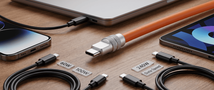 A close-up of a unique orange and silver USB-C cable connector on a wooden desk, surrounded by a laptop, smartphone, tablet, standard USB-C cables, and labels reading "60W," "100W," "240W," and "Data Speed."