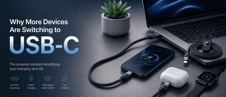 USB-C universal charging cable connecting a laptop, smartphone, earbuds, and smartwatch on a desk.
