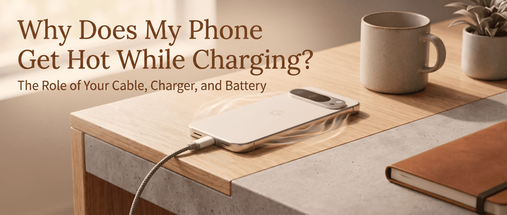 A smartphone charging on a wooden desk with heat waves rising, alongside a mug and a notebook, with text reading "Why Does My Phone Get Hot While Charging?".