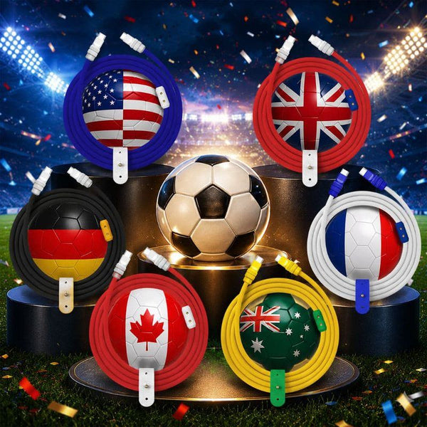 Multi-nation themed soccer ball charging cables displayed on stadium podiums