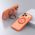 Vibrant orange iPhone case with built-in magnetic ring kickstand.