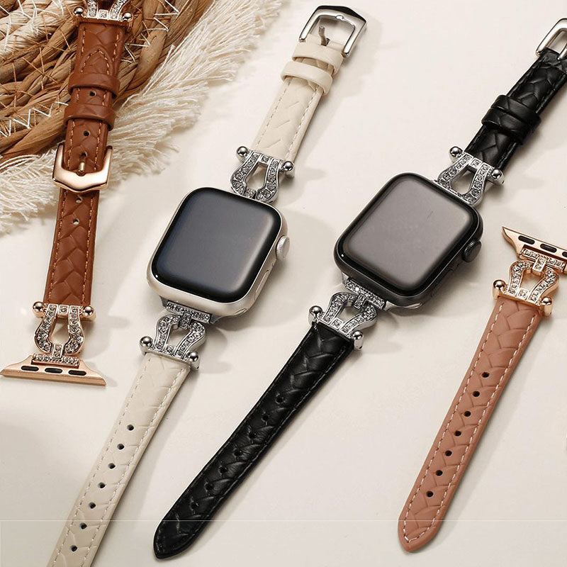 Genuine Leather Band With Metal-Set Diamond Connector For Apple Watch
