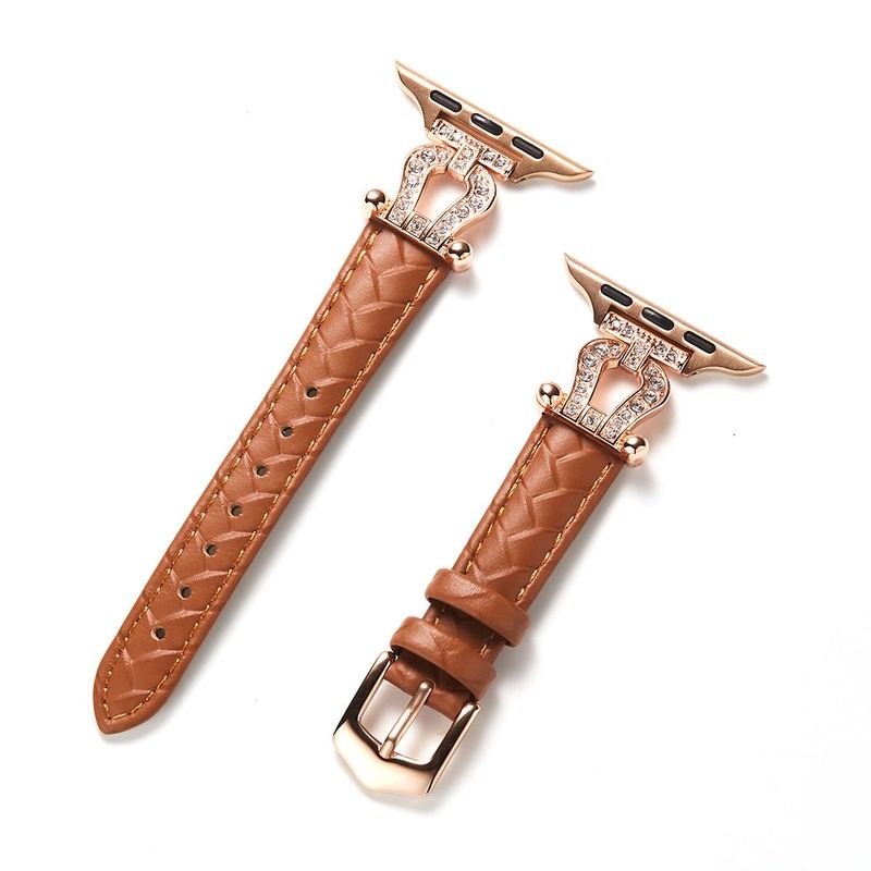 Genuine Leather Band With Metal-Set Diamond Connector For Apple Watch