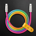 Coiled rainbow USB-C to USB-C cable with a yellow leather organizer strap.
