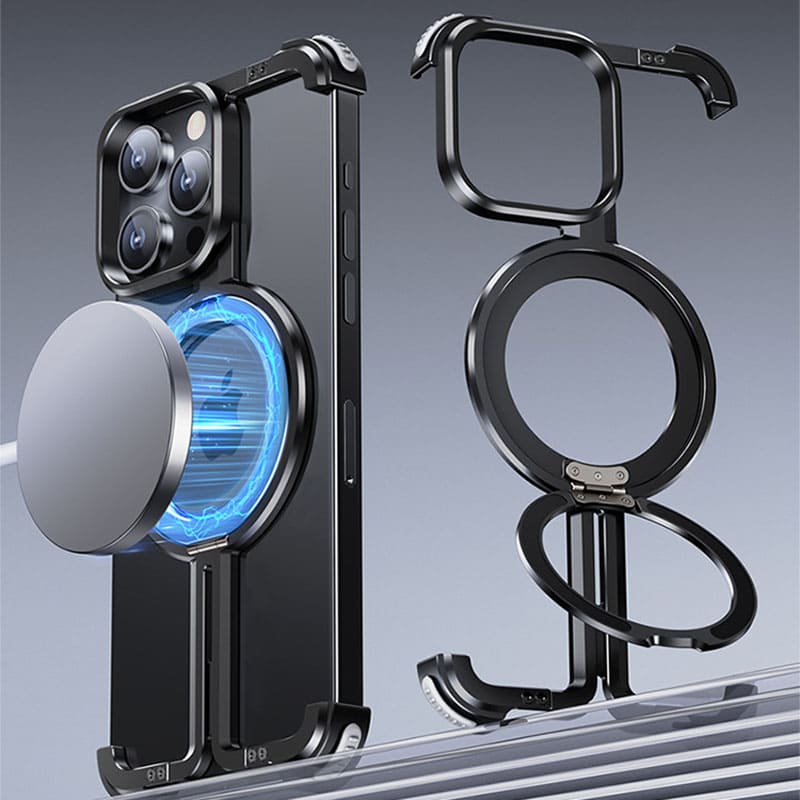 Skeletonized Metal Bezel-less Magnetic Phone Case with Stand